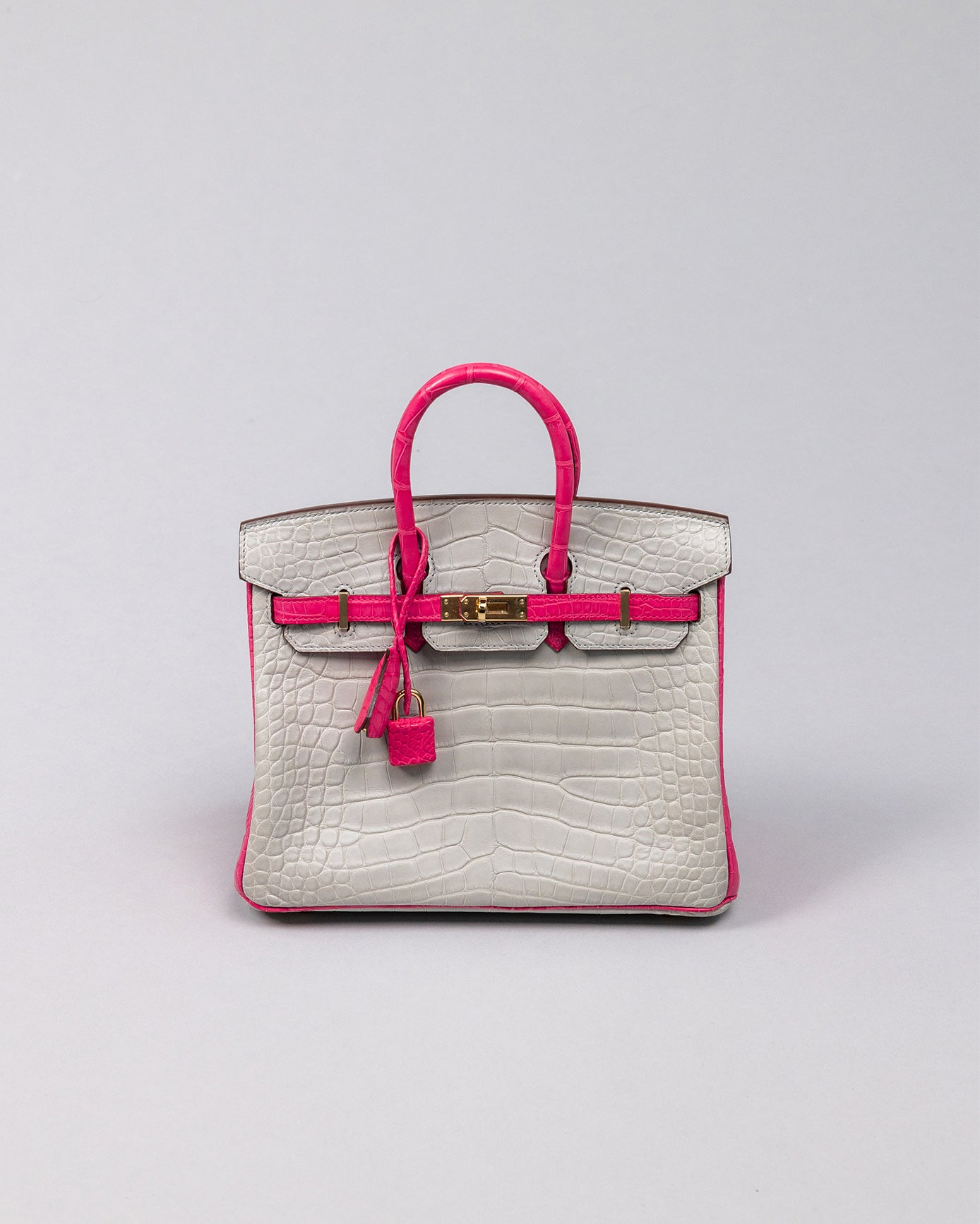 Birkin 25 Alligator Gris perle/rose shocking